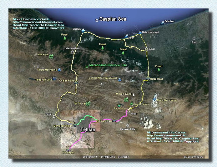 Road Map Tehran To Caspian Sea, Haraz and Chalus Roads